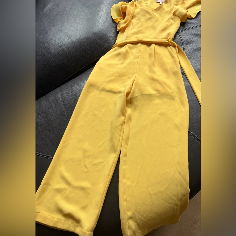 Girls-Yellow Wide-Leg Jumpsuit with Tie Waist
